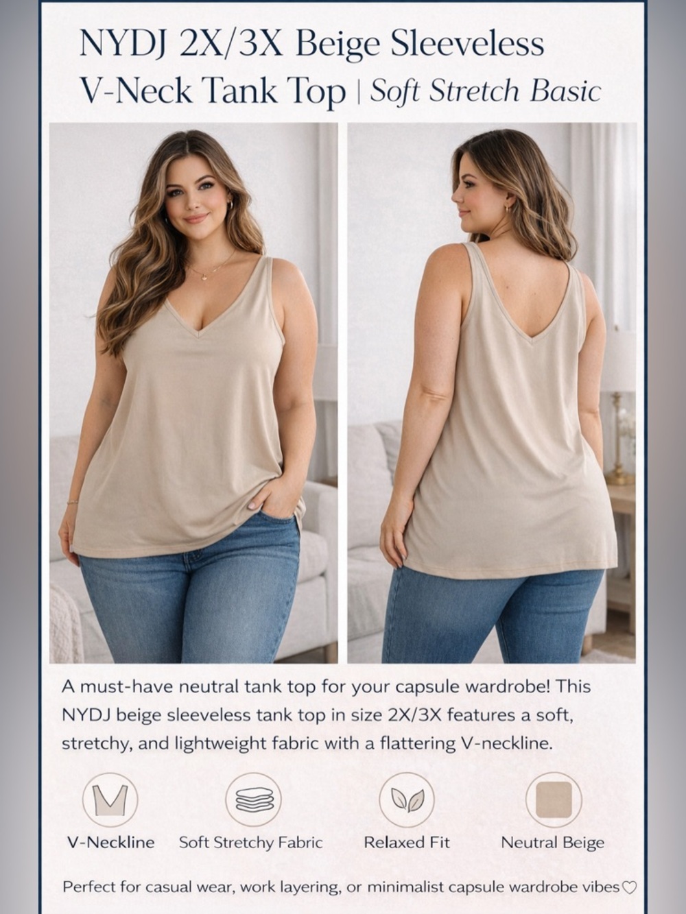 NYDJ Neutral Beige V-Neck Sleeveless Tank